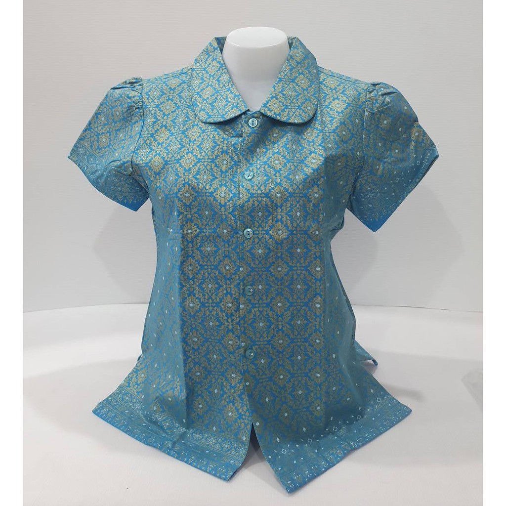 เสื้อลายไทยคอบัว ผ้าพิมพ์ทอง - สีฟ้าลายไทย2 ผู้หญิง