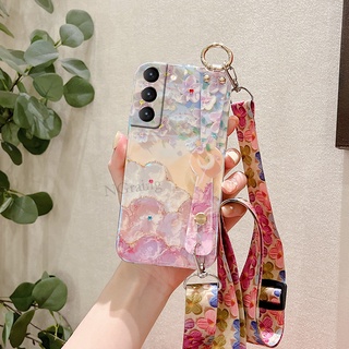 พร้อมส่ง ใหม่ เคสโทรศัพท์มือถือ ซิลิโคนนิ่ม ลายภาพวาดสีน้ํามัน รูปดอกซากุระ พร้อมสายคล้องข้อมือ สําหรับ Samsung S23 + S23 Ultra S22+ S21 FE 5G S21 Ultra S21+