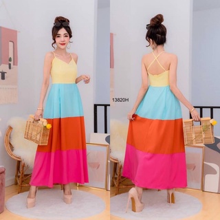 TW13820 Maxi Dress แม็กซี่เดรสสายเดี่ยวไขว้หลัง ดีเทลแต่งสลับสีตัดกันลงตัวสุดๆคะ ผ้าโฟร์เวย์