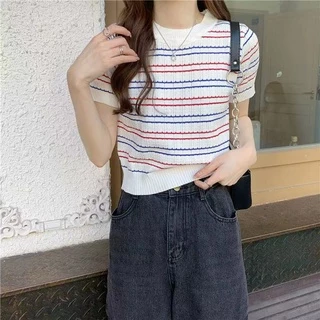 💕*Miki-Shop😍พร้อมส่ง*เสื้อยืดไหมพรม* อย่างดี แขนสั้น* ลายทางน่ารักมาก0605D*