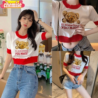 Chemisegrace✨พร้อมส่ง✨ เสื้อครอปไหมพรม เสื้อแฟชั่นผู้หญิงน่ารัก ลายหมีน่ารัก เสื้อผ้าแฟชั่นเกาหลี7201