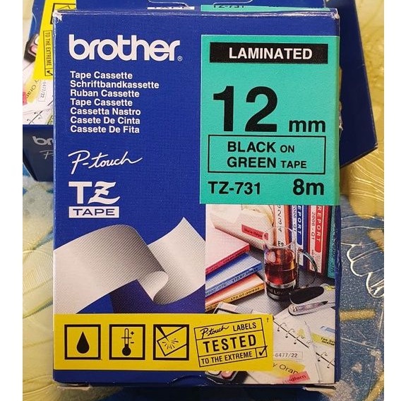 เทป Brother TZ 12mm สีดําบนเทปเขียว TZ-731