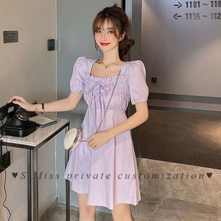 ♥S Miss♥【Pre-sale】2022 New Summer Dress Square Neck Pleated Puff Sleeves Small Dress Women