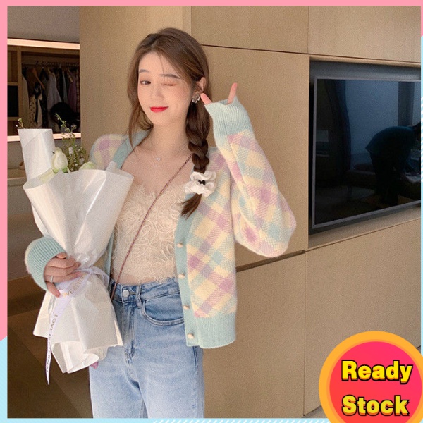 พร้อมส่ง เสื้อคาร์ดิแกนถักแขนยาวสําหรับผู้หญิง เสื้อคาดิแกนถัก เสื้อแจ็คเก็ตลายสก๊อต