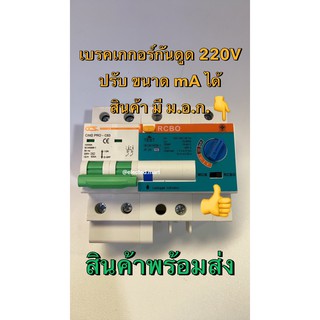 RCBO เบรกเกอร์ ป้องกันไฟดูด (รุ่นปรับกระแสไฟได้) 220V 50A 63A  สินค้ามี ม.อ.ก. พร้อมส่งจากไทย