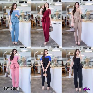 &lt;TW10684&gt;Jumpsuit จั๊มสูทขายาวแขนสั้นเอวระบาย เนื้อผ้าวูฟเวฟ ดีเทลจับจีบเสื้อด้านหน้าเก๋ๆ สวยมากๆ