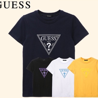 เสื้อยืดสีขาวGuess เสื้อยืดแขนสั้น ผ้าฝ้าย พิมพ์ลายเส้นคู่ สําหรับผู้ชาย และผู้หญิง