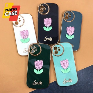 เคส i7+ i11 i11 Pro Max i12/12Pro i12 Pro Max i13 i13 Pro Maxเคสมือถือนิ่มขอบชุบเงากันกล้อง TPU ดอกทิวลิปติดเพชรหรูหรา