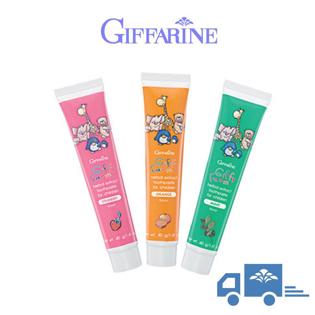 🔥ลดแรง🔥 ยาสีฟันสูตรผสมสมุนไพร Giffarine Giffy Farm ไม่มีส่วนผสมของนํ้าตาล 3 กลิ่น สตรอเบอรี่ ส้ม และมิ้นท์