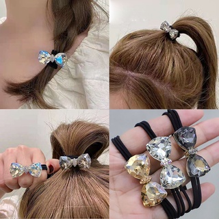 Korean Version of The Crystal Bow Hair Ropes Champagne Colour Leather Band Simple Temperament Tie Ponytail Pill Hair Ring High-grade Head Rope