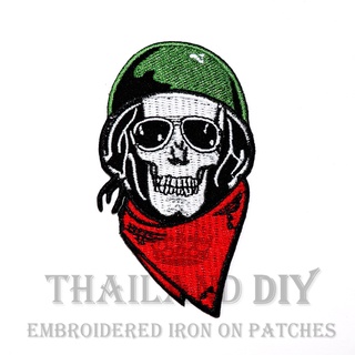 ☠ ตัวรีดติดเสื้อ งานปัก หัวกะโหลก นักแข่ง ไบค์เกอร์ ทหาร Skeleton Army Biker Skull Patch ตัวรีด WOP DIY อาร์มติดเสื้อ