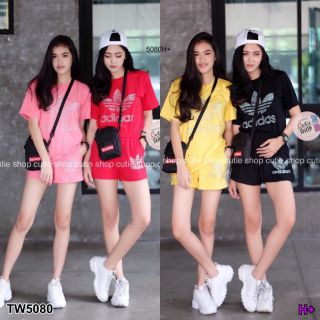 TW5080-Set เสื้อสกรีนเพชร + กางเกงแถบข้าง