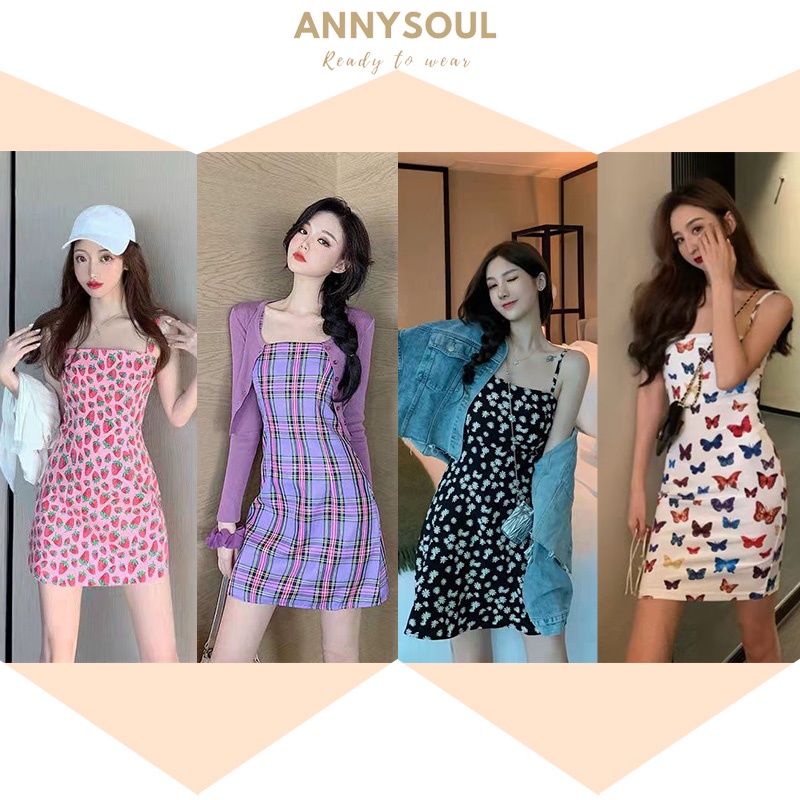 DRESS น่ารักหลายหลายลาย ใส่สบาย ผ้านิ่ม ใหม่หวานสตรอเบอร์รี่พิมพ์สะโพกสลิงชุดผู้หญิงเอวบาง
