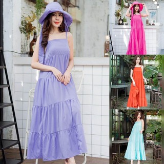 พร้อมส่ง💜 งานเดรสยาวสีพื้นสายเดี่ยว ต่อชายชั้นๆ แถมหมวกเข้าเซ็ท งานสวยมากๆ
