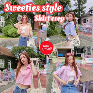 🇰🇷 MariaCloset🇰🇷Stripes Line shirt crop เสื้อเชิ้ตครอปแขนสั้นลายทาง น่ารัก เกาหลี มากกกค่า