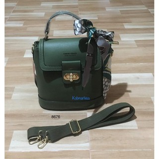 Forever fashion (8676)  กระเป๋า 2 ทรง เป้/สะพายข้าง ทรงตั้ง  ลายเรียบที่เปิดประดับมุก แถมผ้าพัน /สายผ้าปรับระดับได้