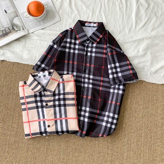 เสื้อเชิ้ตแขนสั้น ลายสก๊อต ทรงหลวม สำหรับผู้ชาย