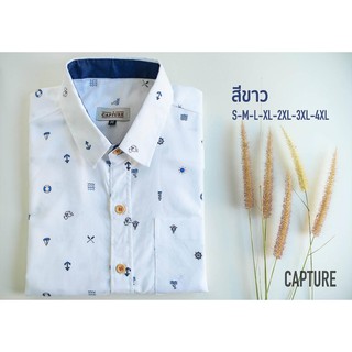 เสื้อเชิ้ตแขนสั้น ผ้า Oxford ลายกะลาสีเรือ สีขาว มีถึงไซส์ 4XL