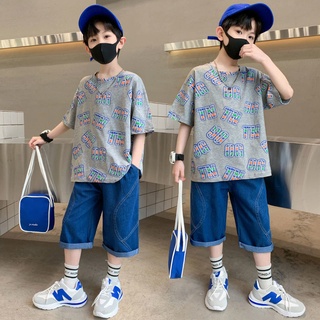 🌜Pinx🌜เสื้อผ้าเด็กชุดฤดูร้อนเด็กผู้ชายปี2022สไตล์ใหม่เด็กกลางและใหญ่แขนสั้นฤดูร้อนเสื้อผ้าบางหล่อแฟชั่นกีฬา