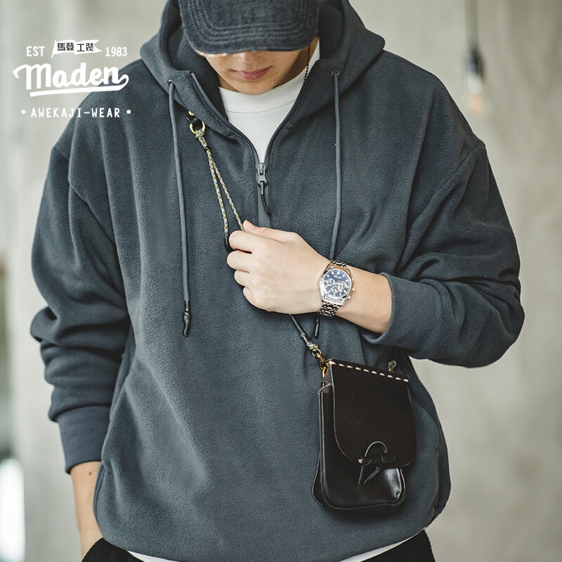 Maden  เสื้อกันหนาว มีฮู้ด ผ้ากํามะหยี่ สีเขียวทหาร สไตล์ญี่ปุ่น เรโทร สําหรับผู้ชาย