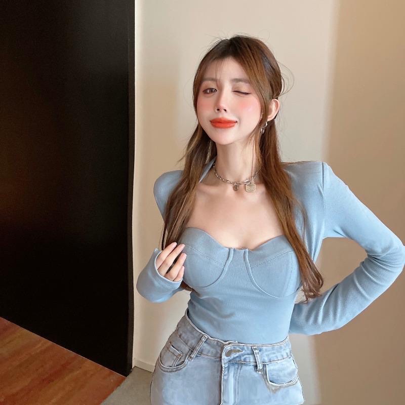 K937- YURI Top Longsleeve (รวมคัพ bra) / เสื้อเบลาส์เกาหลีถักนําเข้าแขนยาว / เสื้อถักคอเหลี่ยม