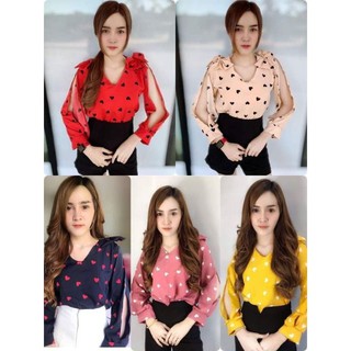 เสื้อแฟชั่นแต่งโบว์ใหล่ผ้าวูลพีช