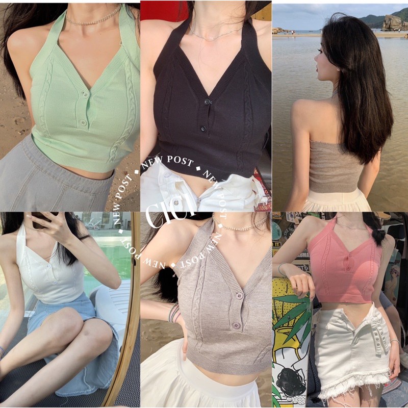 ส่งทันที Cici(NO. 1650)เสื้อไหมพรมคล้องคอเว้าหลังสุดแซ่บ แต่งดีเทลกระดุมหน้า สวยตาหลุด