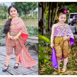 ชุดสไบลูกไม้เด็ก เย็บประกบลูกไม้สีทอง FV13