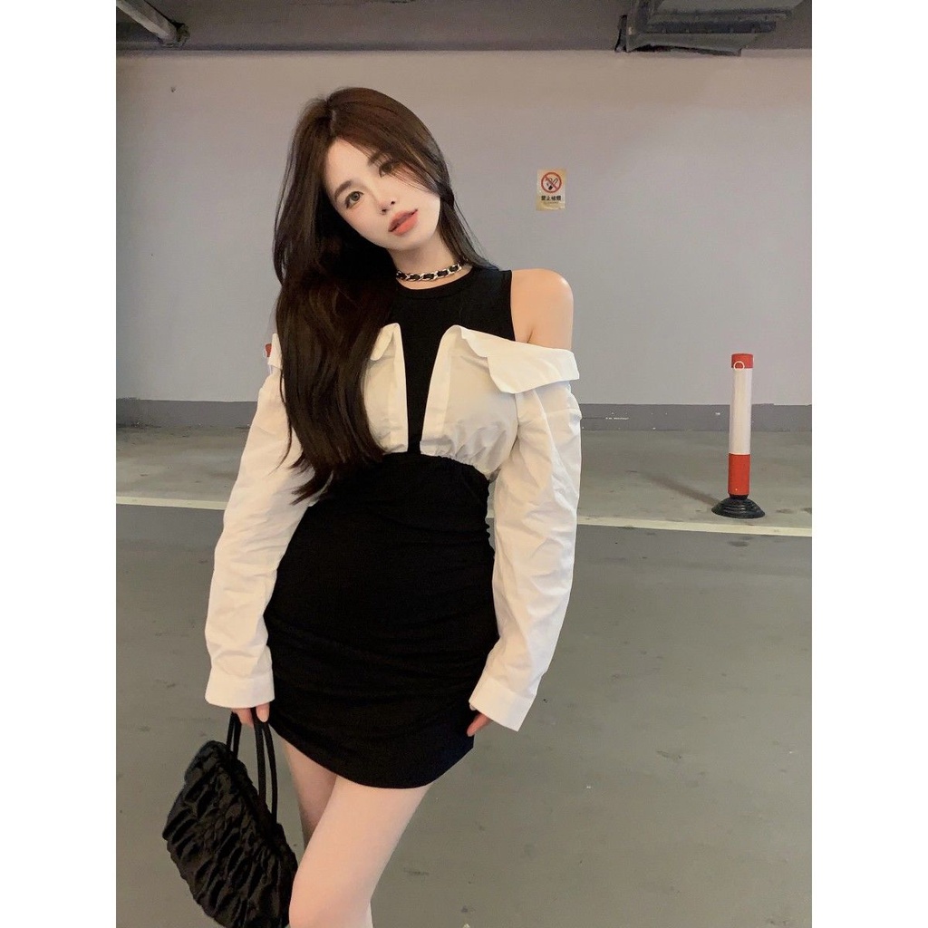 พร้อมส่ง เดรสปาดไหล่เย็บสีดำและสีขาว กระโปรงสะโพกรัดรูปเซ็กซี่ เดรสคอกลมเอวแขนยาว
