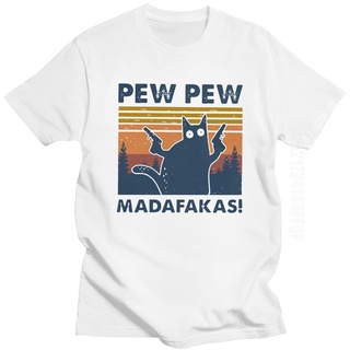 เสื้อยืดครอปเสื้อยืด ผ้าฝ้าย พิมพ์ลายแมว Pew Madafakas สไตล์วินเทจ สําหรับผู้ชายS-5XL