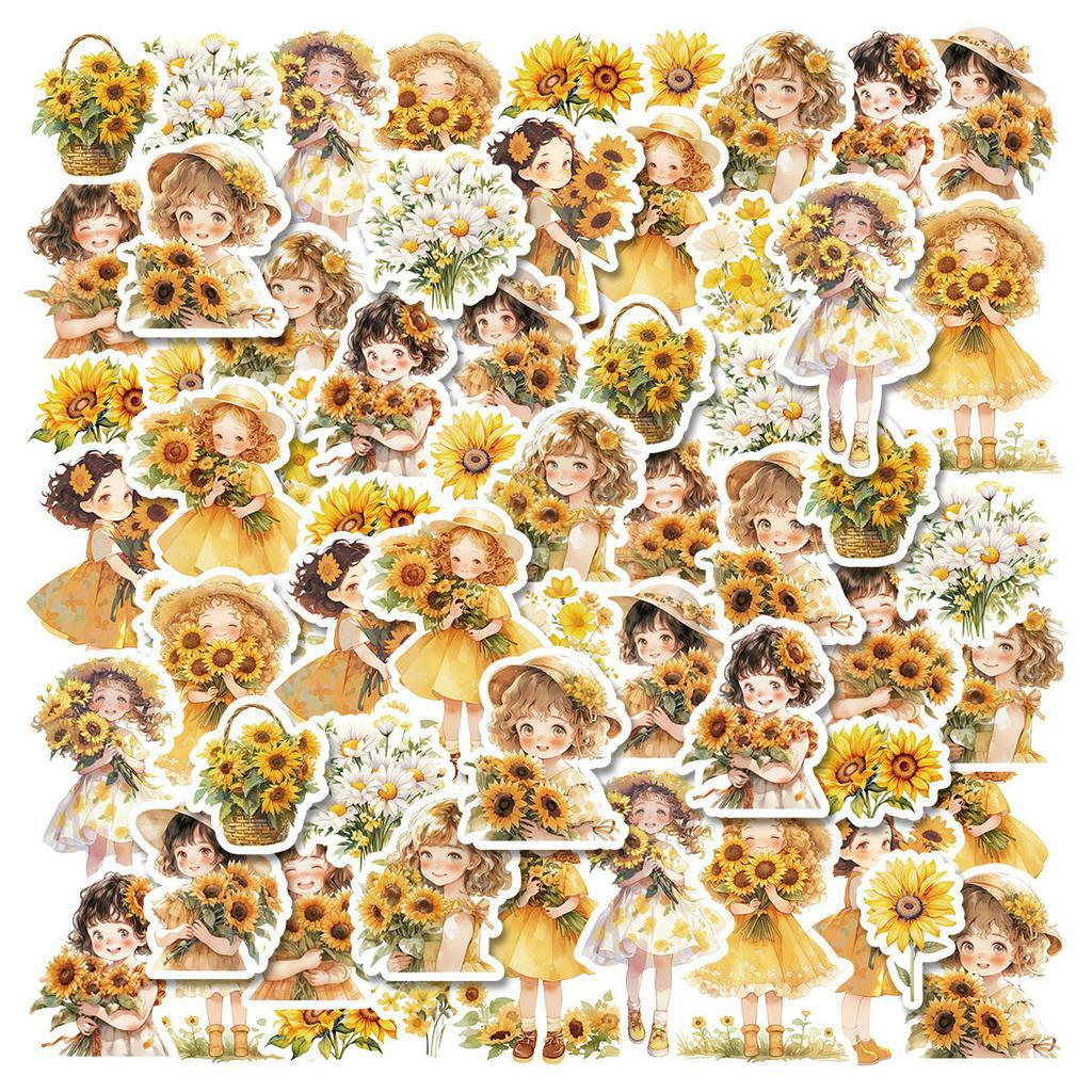 30ชิ้นสีอบอุ่นสาวถือดอกทานตะวันในรูปแบบต่างๆสัตว์เลี้ยงกันน้ําภาพตัดปะนักเรียนทําเองเครื่องเขียนสติกเกอร์ตกแต่งเหมาะสําหรับสมุดภาพ,ของขวัญ,สติกเกอร์ตกแต