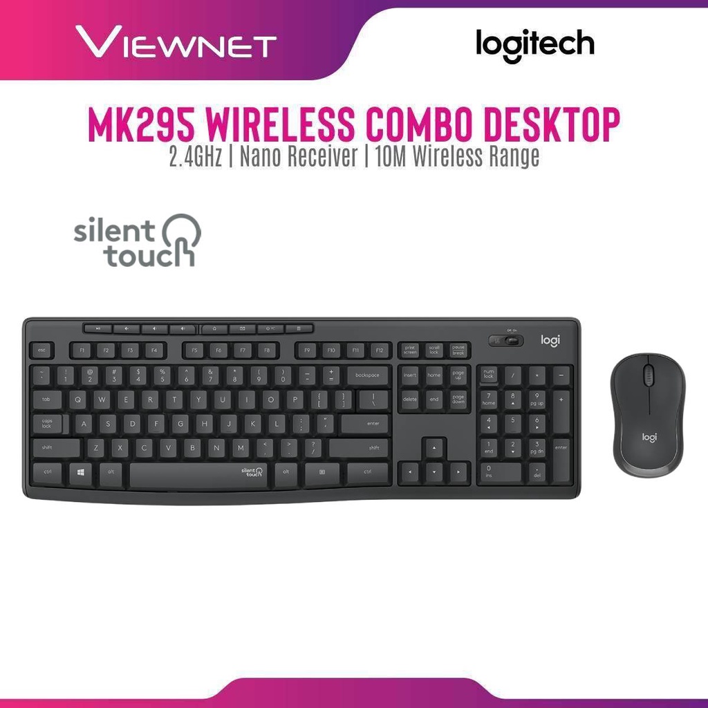 LOGITECH MK295 SILENT คีย์บอร์ดและเมาส์ไร้สาย COMFORT ขนาดเต็มและเมาส์ COMBO SPILLP ROOF DESIGN