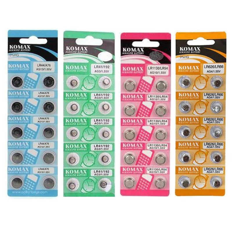 ถ่าน Komax เลือกขนาด LR44, LR41, LR1130, LR626, LR621, AG13, AG10, AG4, AG3, AG1 1.55V Alkaline Batt
