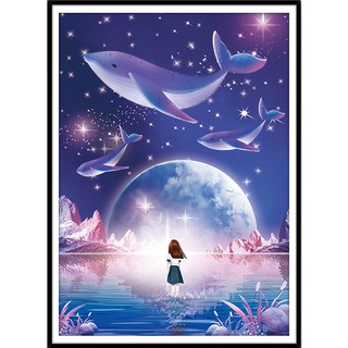 ชุดปักครอสติชพิมพ์ลาย พระจันทร์ ทะเลสาบ ปลาวาฬ การ์ตูน อนิเมชั่น (Moon lake dolphin Cross stitch kit)