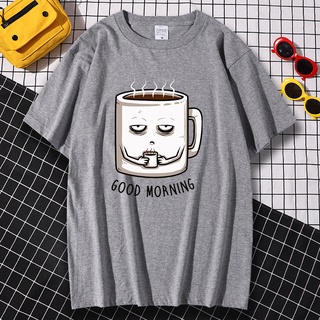 เสื้อยืดลําลอง แขนสั้น คอกลม พิมพ์ลาย Good Morning Sleepy Coffee ทรงหลวม ระบายอากาศได้ดี แฟชั่นฤดูร้อน สําหรับผู้ชาย และ