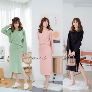 Cotton&amp;Co. - Comfy Set เซ็ตเสื้อ/กระโปรงเอวสม็อคทรงดินสอผ่าข้าง