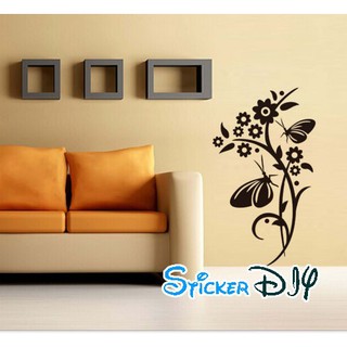 SALE Transparent wall sticker สติ๊กเกอร์ติดผนัง ผีเสื้อดอกไม้สีดำ (กว้าง70cm.xสูง120cm.)