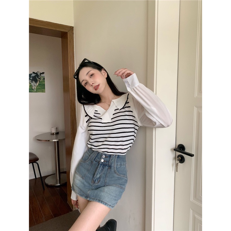 Elves✨พร้อมส่ง✨ เสื้อไหมพรมคอปกแขนยาวชีฟอง ดีเทลลายทางน่ารักคิ้วมาก ~50055-1~