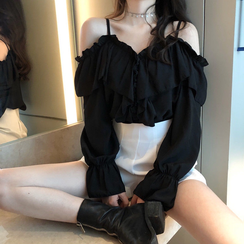 พร้อมส่ง เสื้อชีฟอง เวอร์ชั่นเกาหลีใหม่ ทรงคอวี เสื้อเชิ้ตสตรีแขนบานหลวม