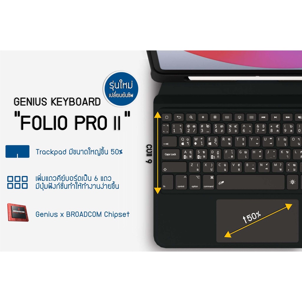 "FOLIO" Pro 2 "[พร้อมส่ง+มีประกัน] Genius Keyboard Case "เคสคีย์บอร์ด TRACKPAD ที่เบาบางที่สุด สำหรับ iPad (สินค้าเป็นเค