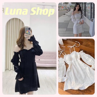 Luna shop🍑เดรส🍄 เดรสกระโปรงทรงเอ แขนพัฟ กระโปรงทรงเอ French A บางเบา บางเบา🚚พร้อมส่งจากกทม มาถึงใน 3-5 วัน