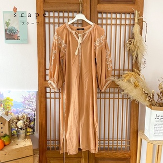 🇯🇵 มือสอง JP 🔖 w closet (F) เดรสสไตล์ญี่ปุ่น สีน้ำตาลทอง แขนพอง งานปัก