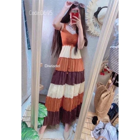 DIWLADEL เดรสยาวต่อสี เดรสยาวถักอก รูปที่ 4