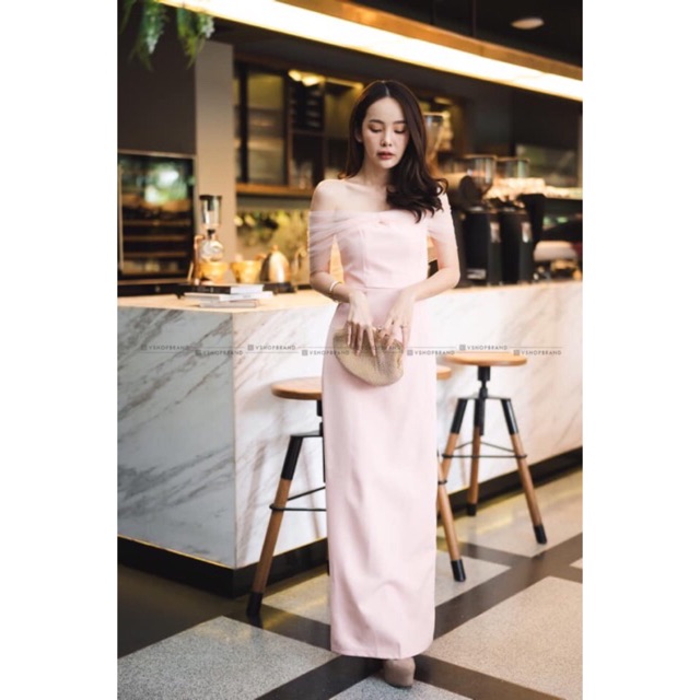 เดรสยาวสีชมพูอ่อน แซมผ้าออแกนซ่างาน Vshop