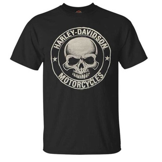 Harley-Davidsons เสื้อยืดแขนสั้นป้ายหัวกะโหลกปี H-D สำหรับผู้ชายสีดำ