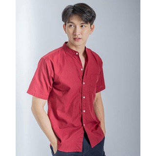 [กรอกโค้ด JULY77 รับส่วนลด 40%] เสื้อคอจีนสีแดงแขนสั้นผ้า OXFORD