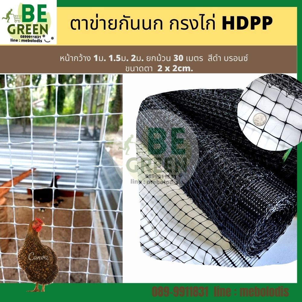 ตาข่ายล้อมไก่ ตาข่ายเอ็น กรงไก่ สีดำ เงิน ขนาด 1x30,1.5x30 2x30 เมตร ตาข่ายพลาสติก ตาข่าย กันนก กันน