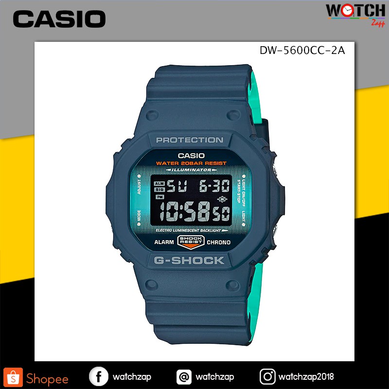 CASIO G-SHOCK สีพิเศษ รุ่น DW-5600CC-2 นาฬิกาข้อมือสายเรซิ่น สีฟ้า สายทูโทน DW-5600CC
