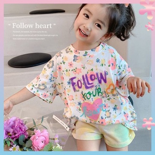 Girls 2022 summer new childrens clothing Korean style short-sleeved T-shirt childrens casual top baby floral T-shirt