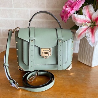 🎀 (สด-ผ่อน) กระเป๋าสีเขียว 10 นิ้ว Michael Kors Manhattan Medium Contrast-trim Leather Satchel